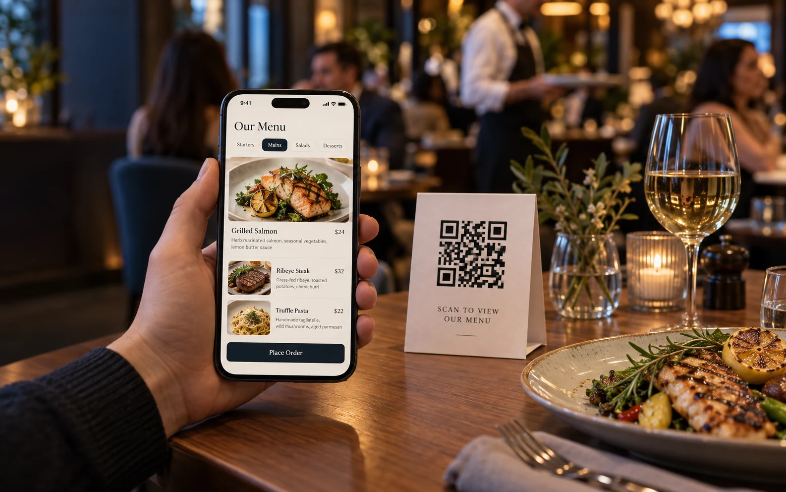 Un cliente consulta una carta digital en el móvil junto a un soporte QR sobre la mesa.